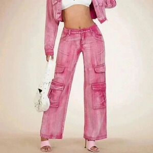 Pink Casual Womens Flap Pocket Cargo Jeans